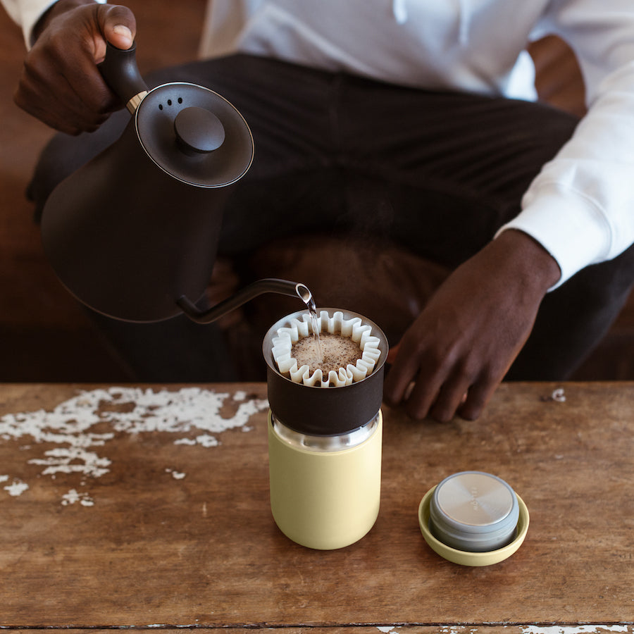 Fellow Stagg Kettle in matte white, a sleek pour-over kettle with a gooseneck spout for precise pouring and modern design.