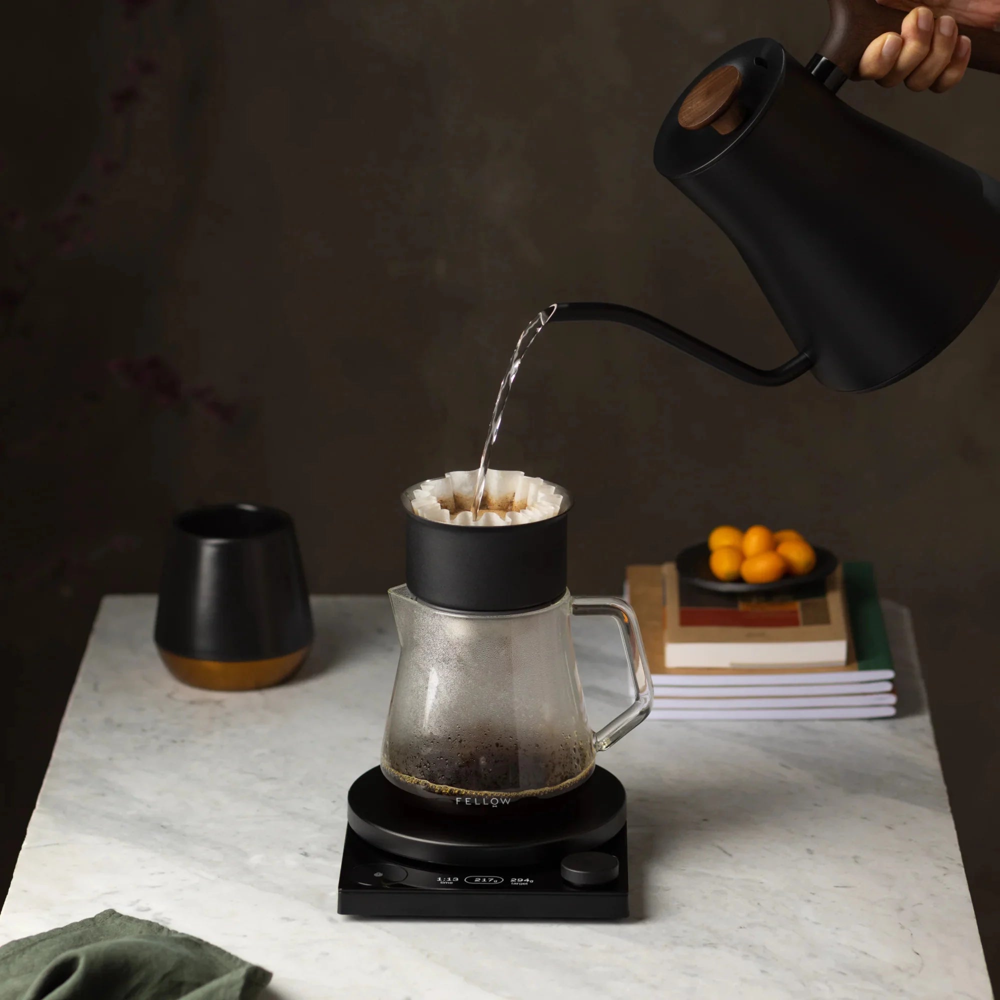 Fellow Stagg Kettle in matte white with a sleek design, featuring a gooseneck spout for precise pouring.