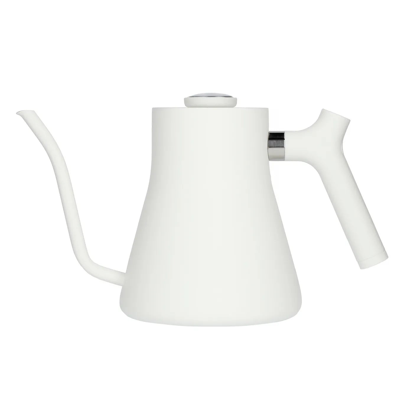 White Fellow Stagg kettle with a sleek design, stainless steel body, and a gooseneck spout for precise pouring.