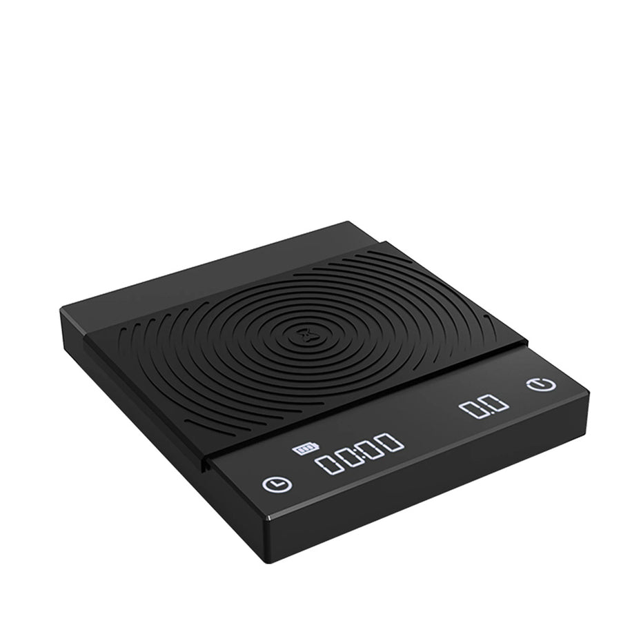 Comandante coffee grinder with white body next to Timemore Black Mirror Basic 2 digital coffee scale on countertop.