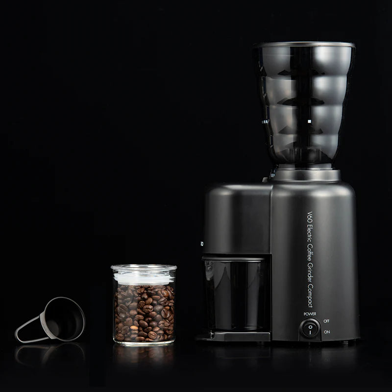 Hario V60 Electric Coffee Grinder in black, compact design for fresh coffee brewing, part of Hario's coffee makers collection.