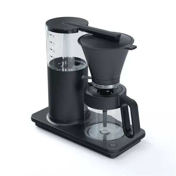 Black Wilfa Classic Tall coffee maker by Hario with 1.25L capacity, featuring a sleek design and glass carafe.