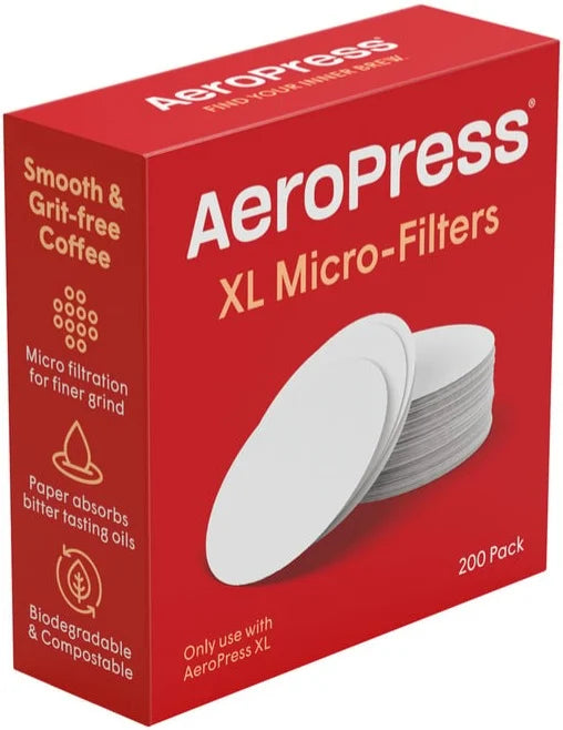 Box of 200 MIIR AeroPress XL micro-filters filter papers for coffee makers, designed for smooth brewing.