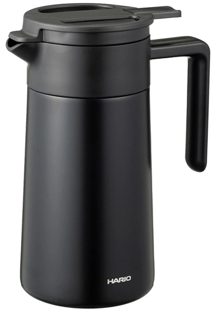 MIIR coffee grinder beside a Hario thermal server with ceramic coating, 600 ml capacity, showcasing durable ceramic finish and sleek design.