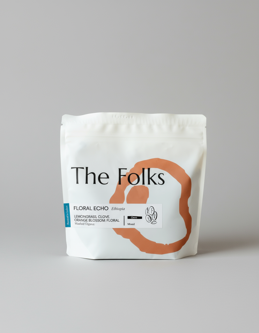 Fresh Floral Echo Ethiopia coffee beans from The Folks, showcasing a 250g package with vibrant floral branding.