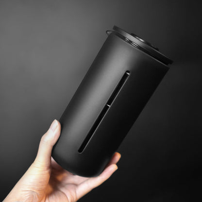 Black Timemore U French Press with glass carafe and stainless steel lid for brewing coffee or tea.