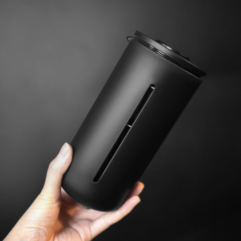 Black Timemore U French Press with glass carafe and stainless steel lid for brewing coffee or tea.