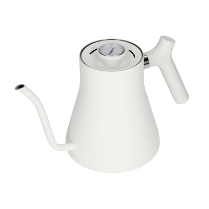 Fellow Stagg white kettle with a sleek, modern design, featuring a long spout and ergonomic handle for precise pouring.