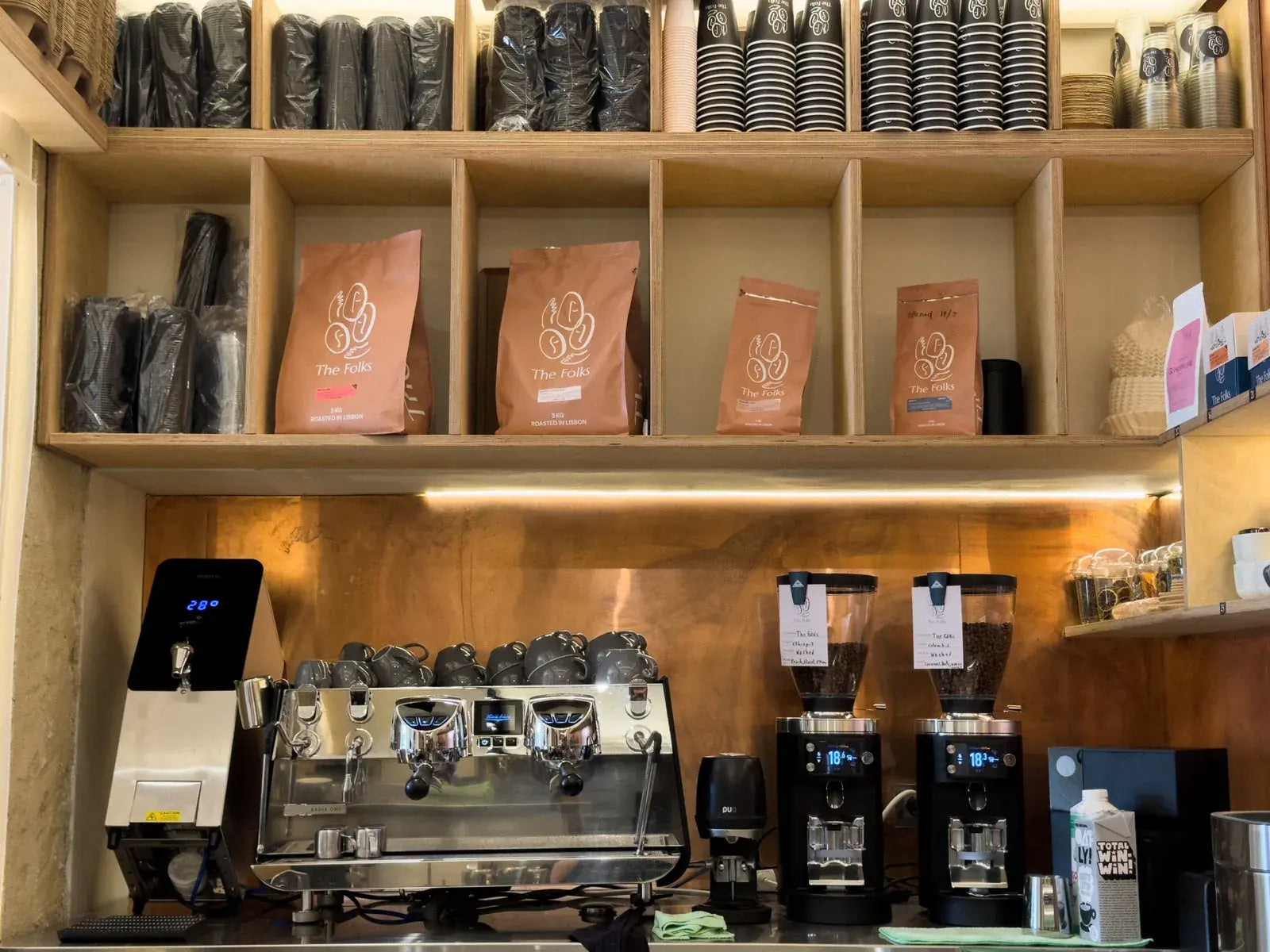 Coffee bags and equipment on the shelf